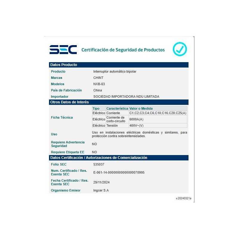 Interruptor 2Px63A 6kA curva C, NXB-63