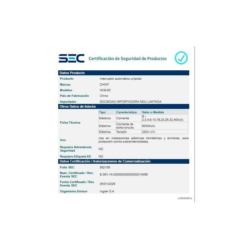 Interruptor 1Px04A 6kA Curva B, NXB-63