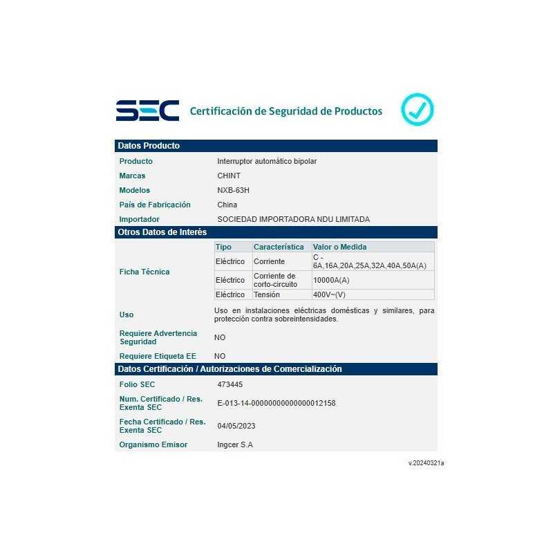 Interruptor 2Px20A 10kA curva C, NXB-63H