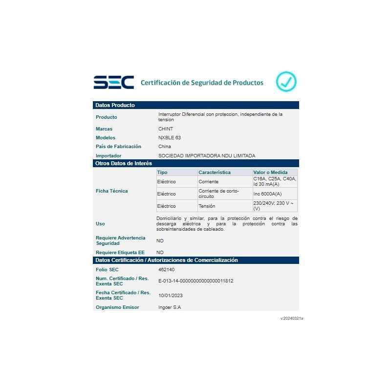 Interruptor RCBO 25A, 1P+N +diferencial 30mA, curva C, 6KA