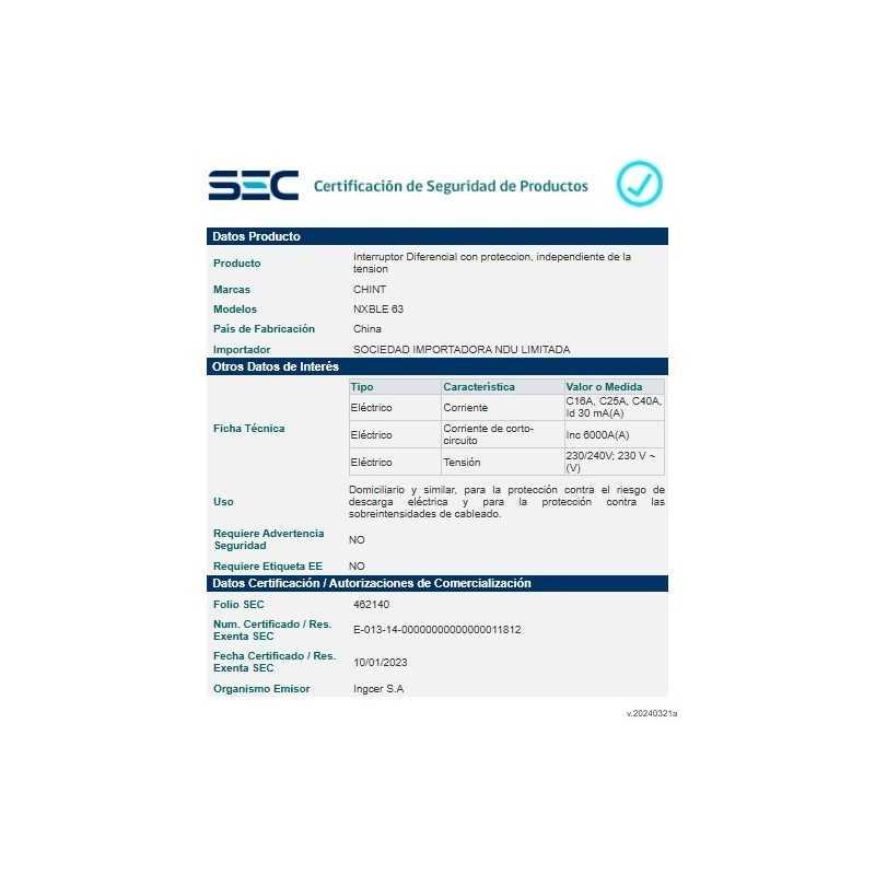 Interruptor RCBO 25A, 2P+diferencial 30mA, curva C, 6KA