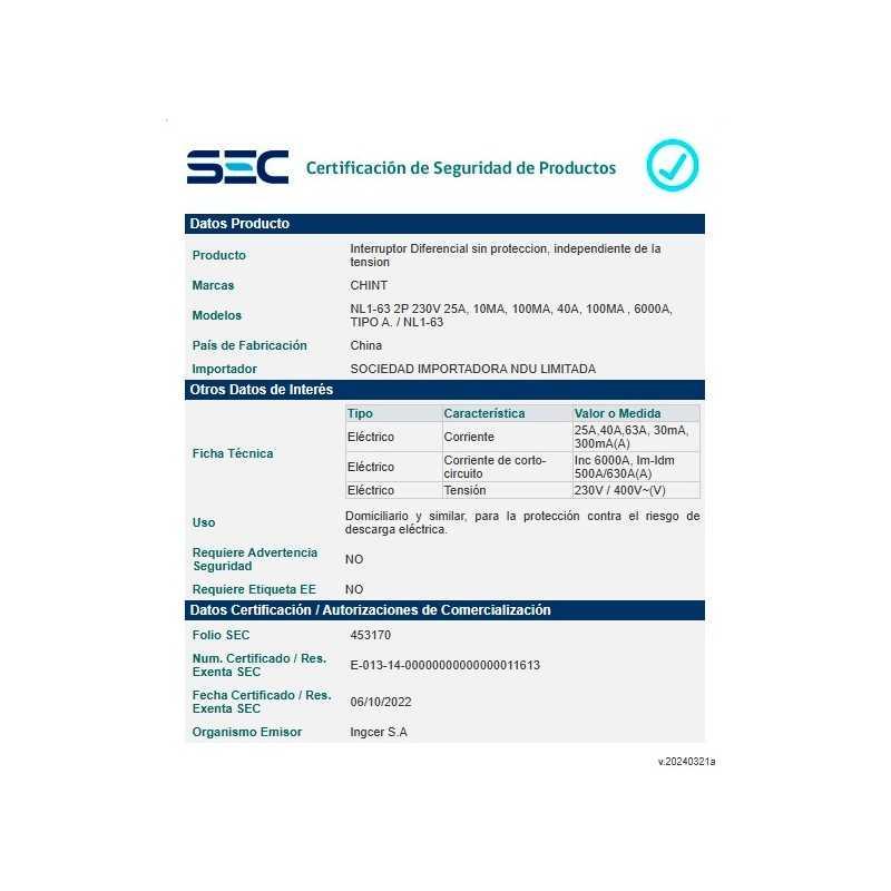 Interruptor Diferencial 4Px63A 300mA 6KA RCCB NL1