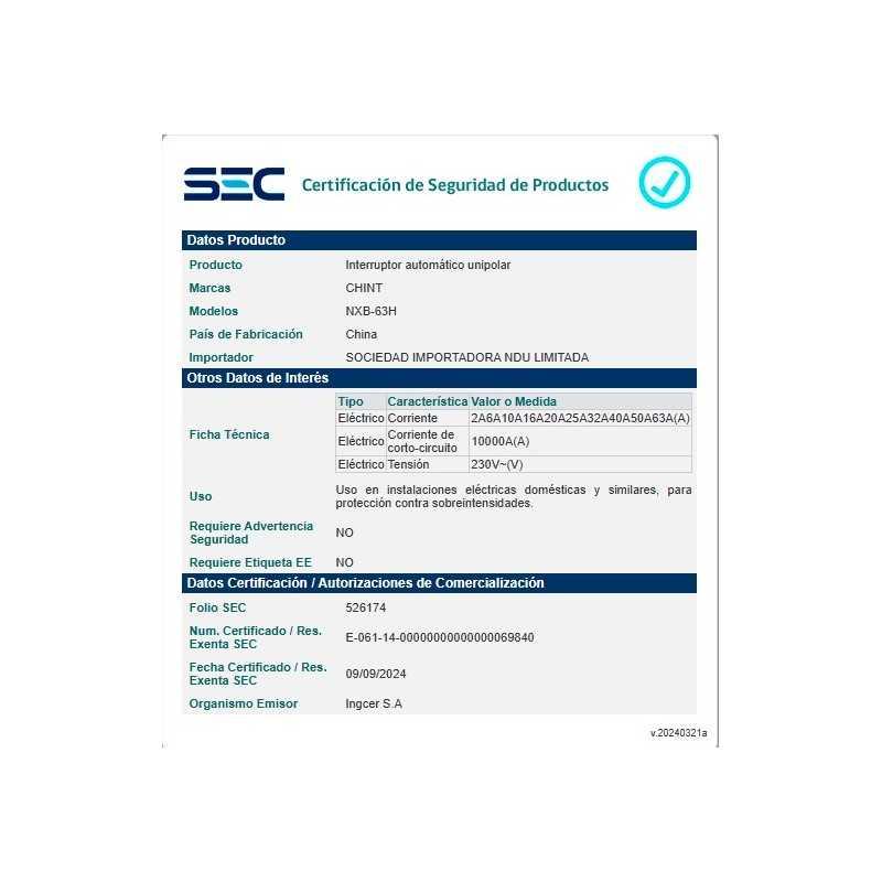 Interruptor 1Px2A 10kA curva C, certificacion SEC, NXB-63H