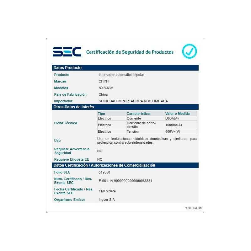 Interruptor 3Px20A 10kA Durva D, NXB-63H