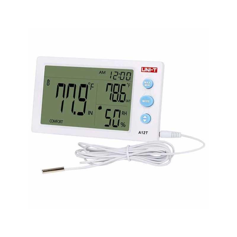 Med. de temp. (2 can.) y hum., rango -10 a 50°C, 10 a 99HR