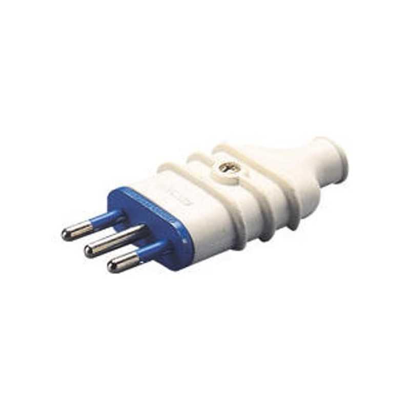 Enchufe macho domiciliar 3 polos en linea 10A, blanco