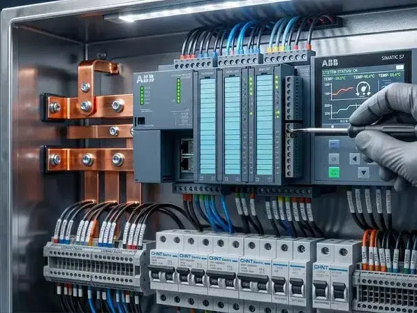 Técnico de Fero Ingeniería trabajando en un tablero eléctrico industrial