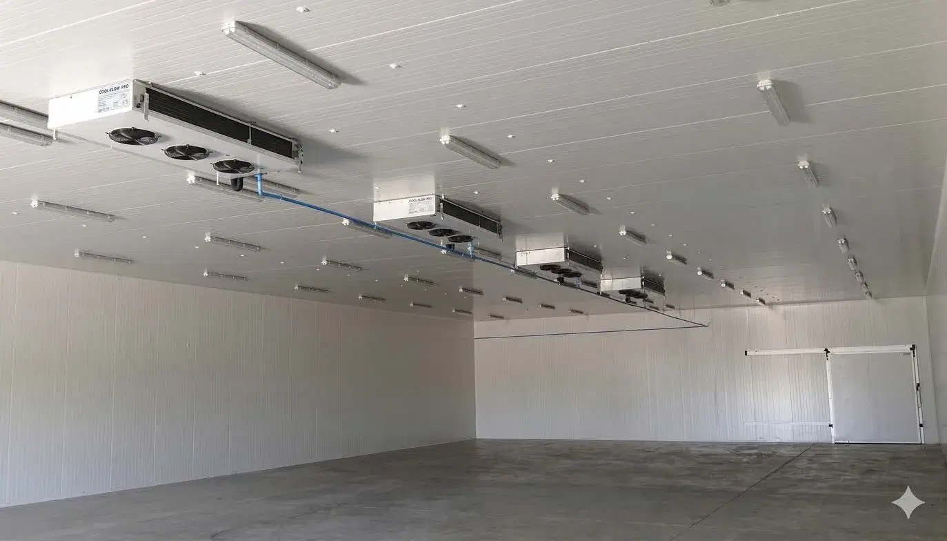 Cámara de refrigeración industrial con equipos evaporadores instalados