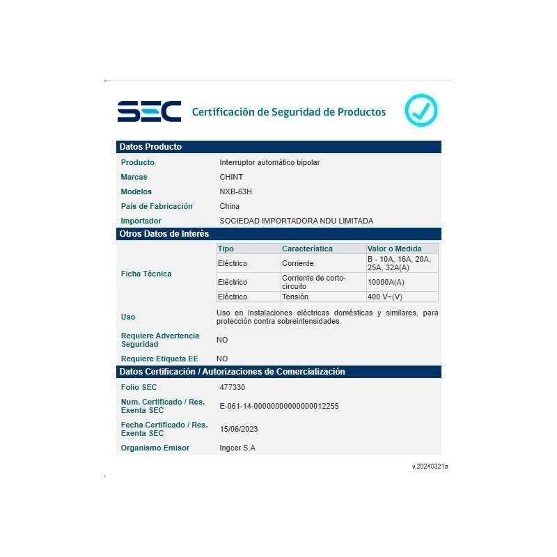 Interruptor Automático 2Px25A 10kA Curva B, Certificación SEC, NXB-63H
